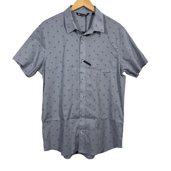 Travis Mathew NWT Large Mens Palm Tree Print Button Down Short Sleeve Shirt Gray - Picture 1 of 7